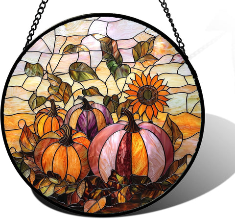 Fall Sunflowers Pumpkins Stained Glass Window Hanging Suncatcher Gifts 6.3"