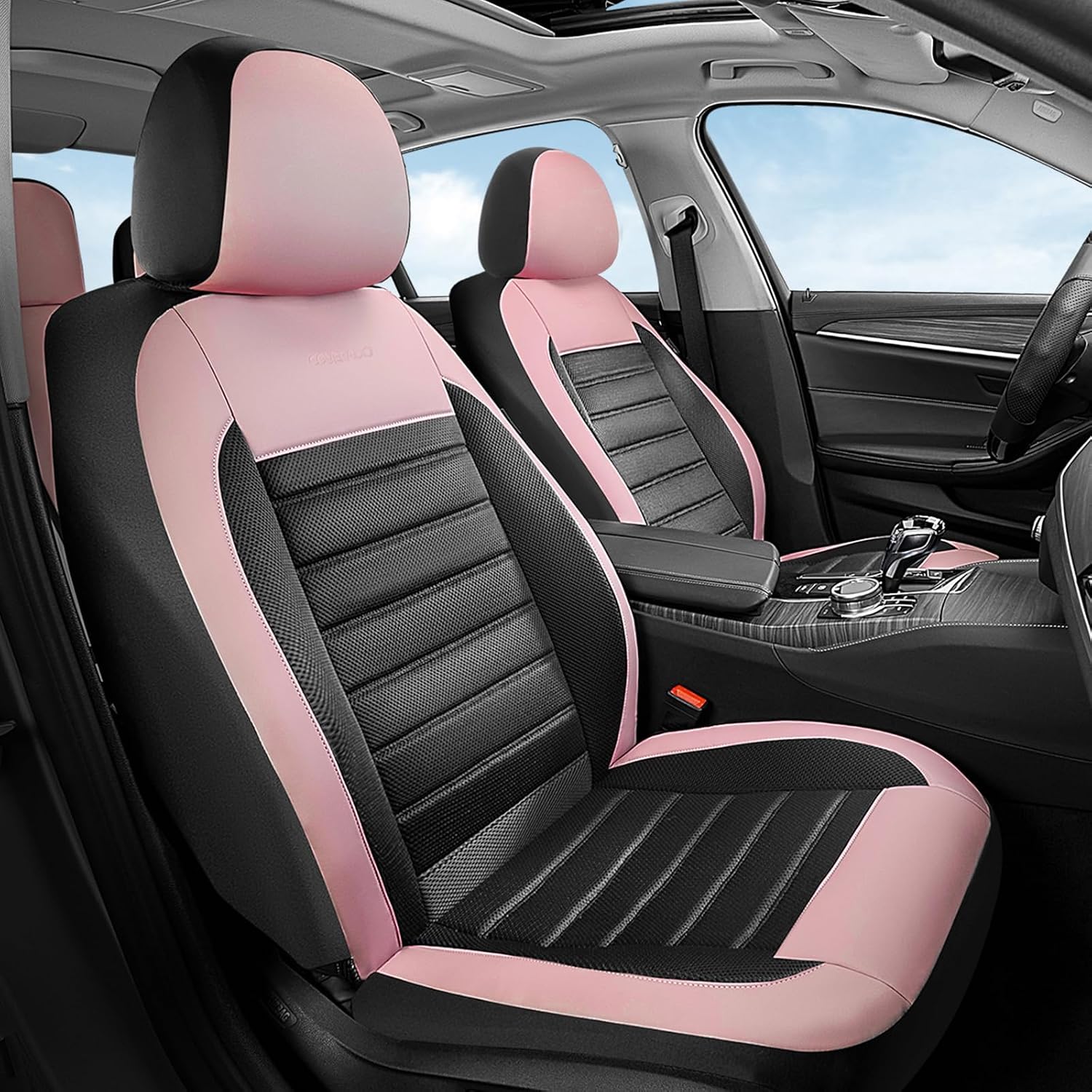 Coverado Car Seat Covers Full Set, Luxury Leather Car Seat Covers, Automotive Front and Rear Mesh Seat Covers, Full Set 5 Seats, Pink Black Seat Covers for SUV Sedan Truck