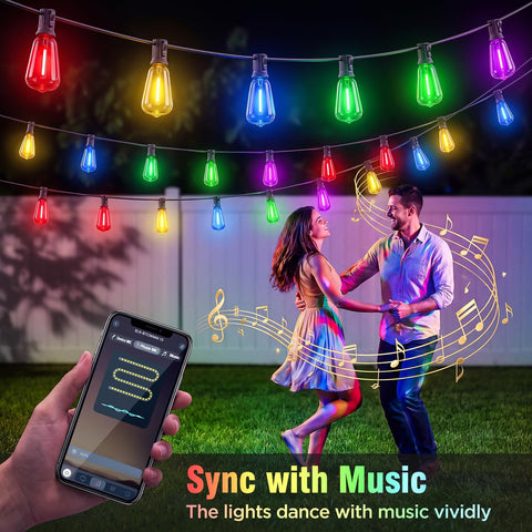 50FT Plug-in String Lights, Fixed 5-Color ST38 Bulbs, Bluetooth & Remote