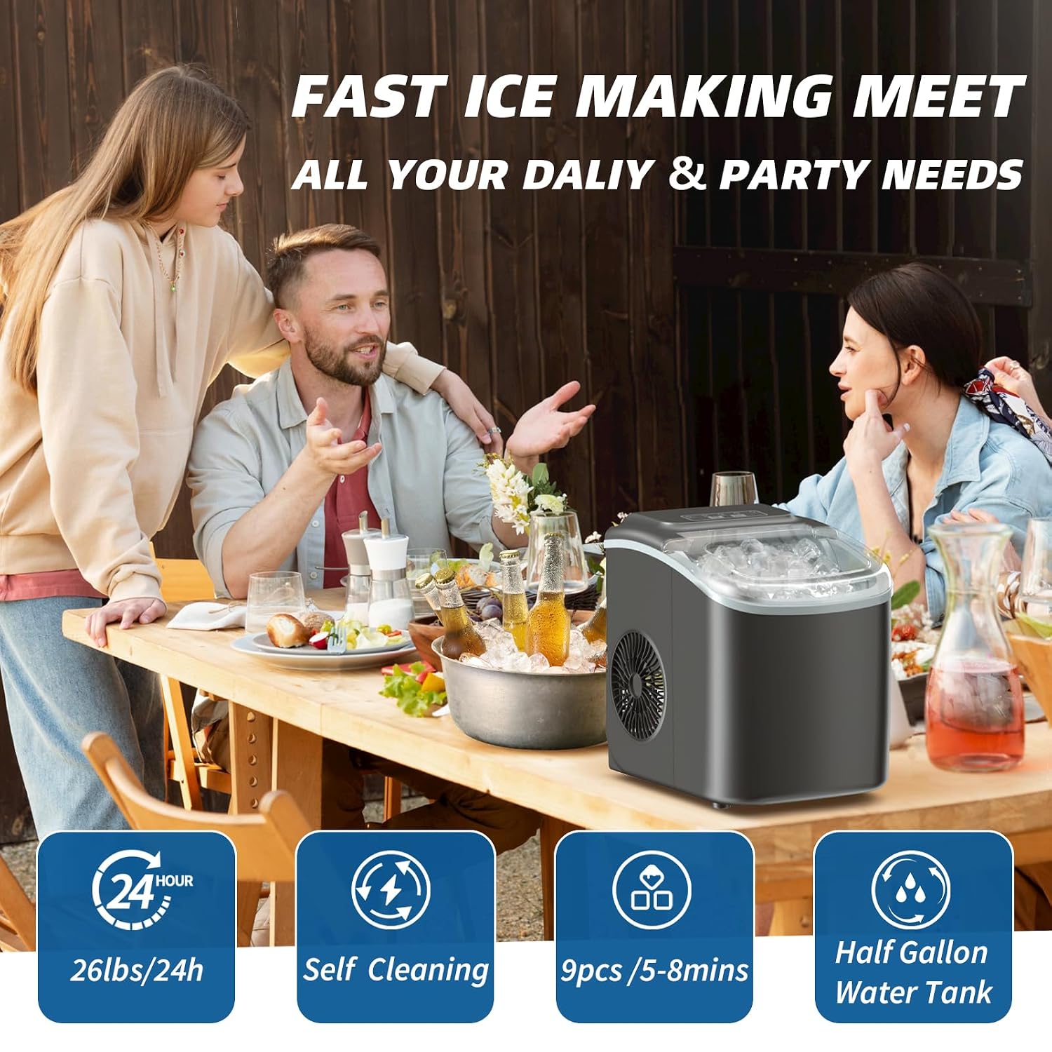 26LBS Per Day Portable Countertop Ice Maker, Self-Cleaning