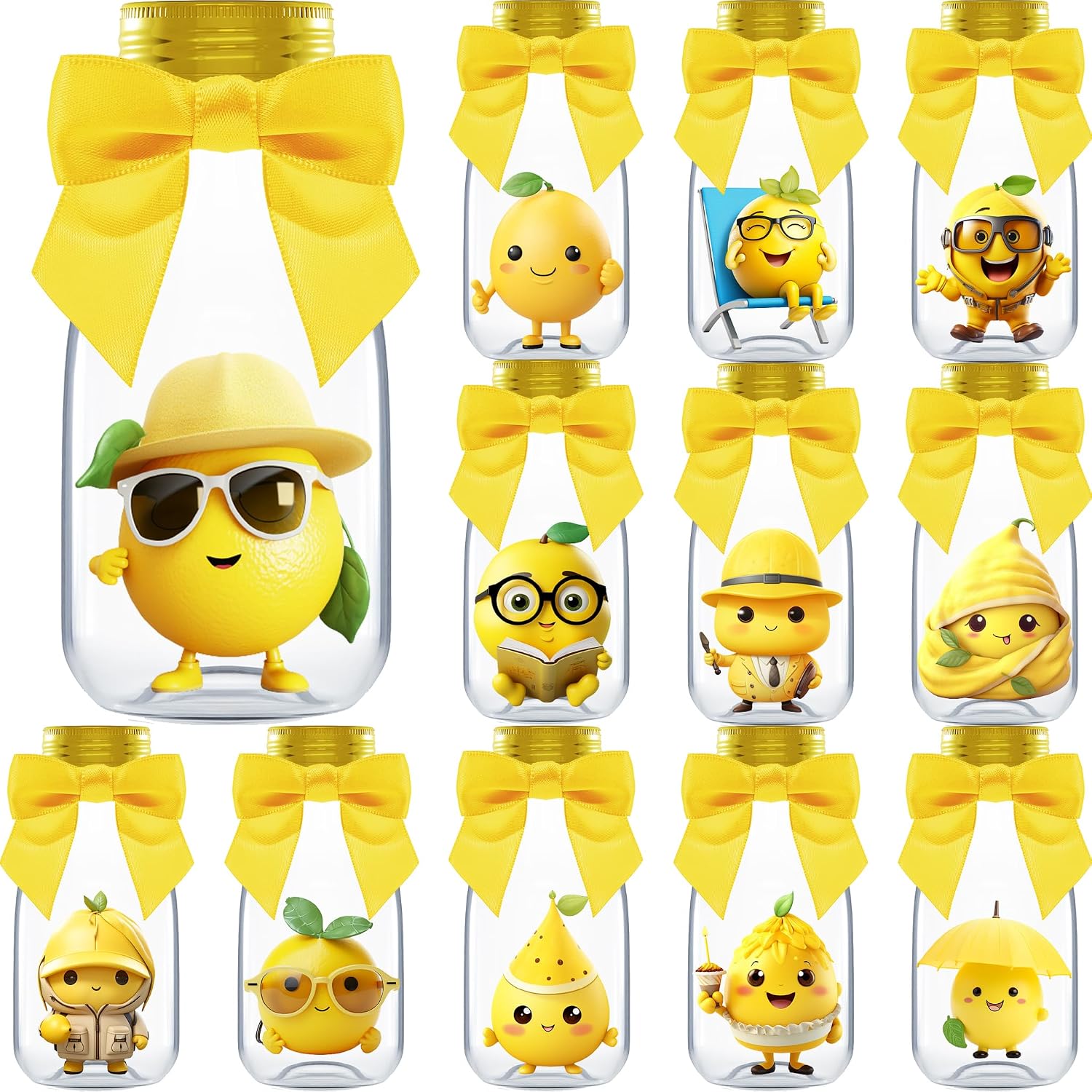 Ethisa Small 12 Pack Lemon Party Favors - DIY Candy Jars with Ribbons and Stickers - Party Decoration Bottles for Wedding, Birthday, and Baby Shower - Lemon Table Centerpieces