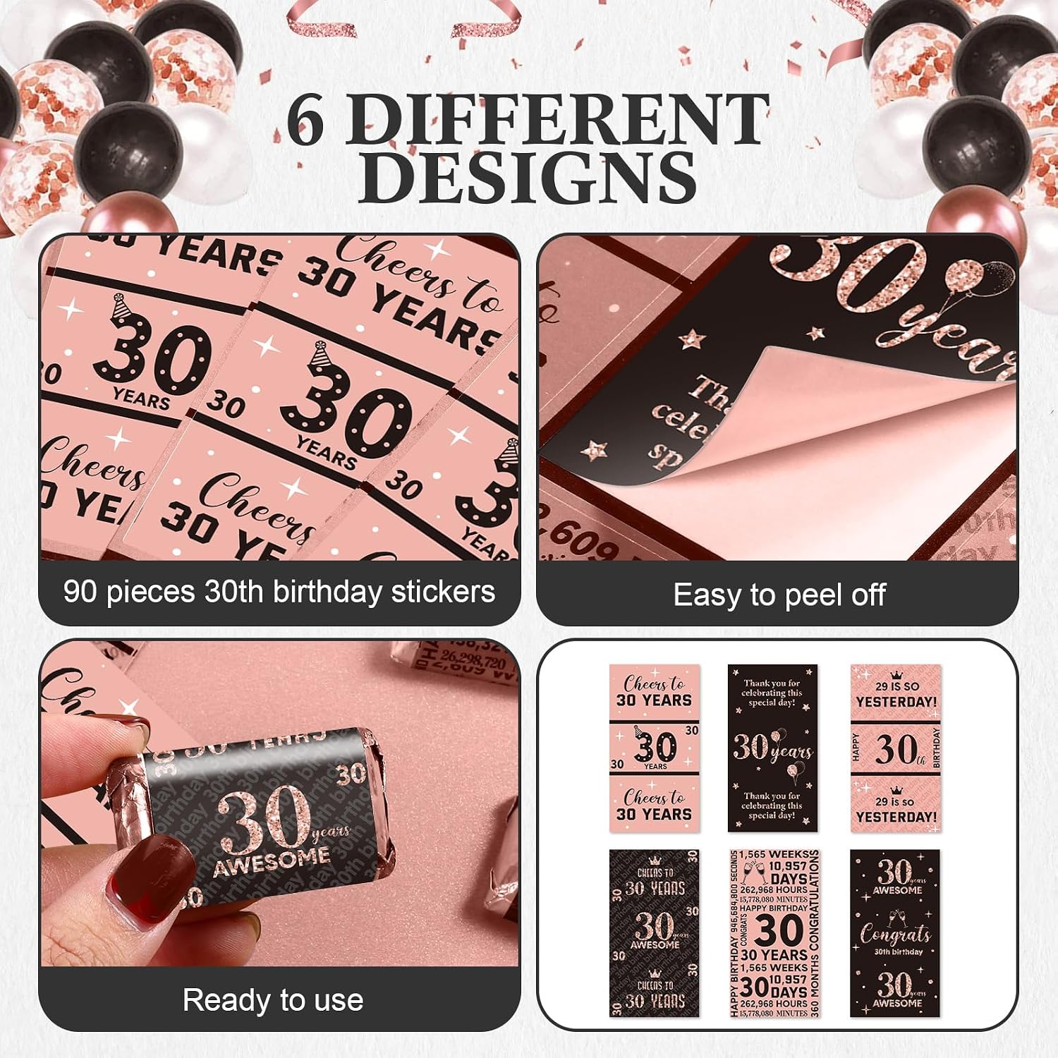 Tenare 90 Pcs 30th Birthday Candy Wrappers, Pink Stickers