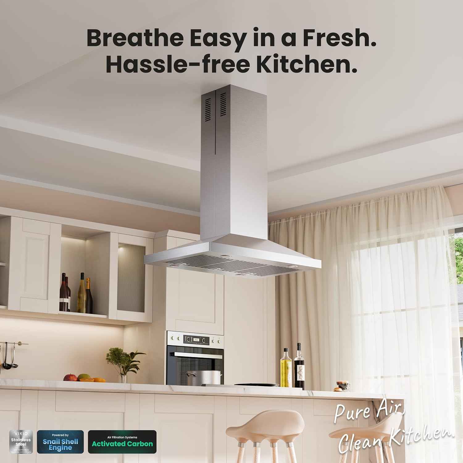 VIKIO HOME Island Range Hood 36 Inch, 390 CFM kitchen Hood with Touch/Gesture, Ceiling Mount, Convertible Ducted/Ductless, 3-Speed Fan, 3 Stainless Steel Baffle Filters