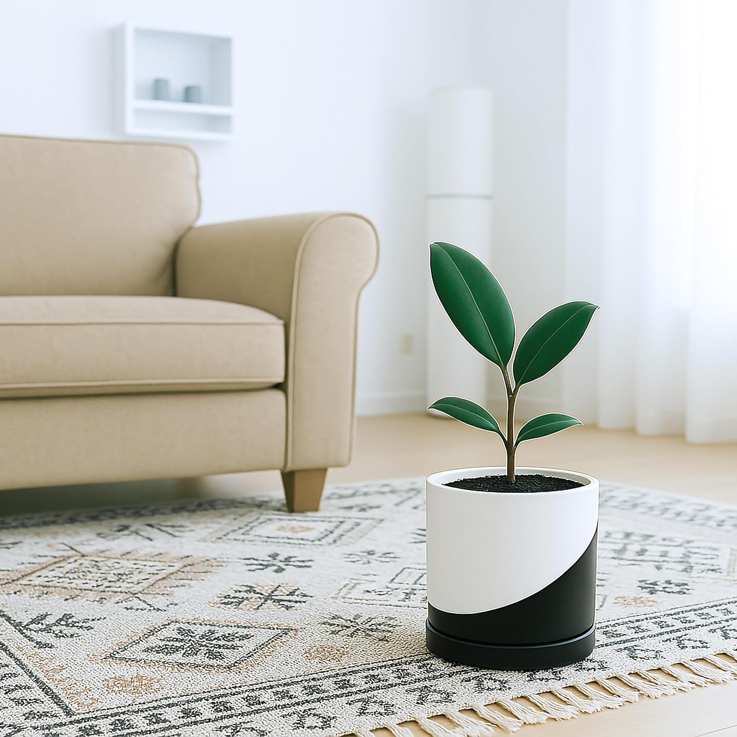 D'vine Dev 6.5 Inch Ceramic Planter Pot, Black White Diagonal, 94-O-C-K