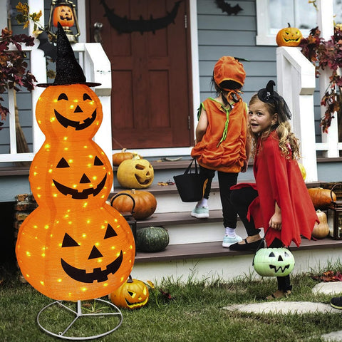 FUNPENY Halloween Collapsible Pumpkin Decorations, Pre-Lit Light Up Pumpkin with Hat, Pop Up Jack-o-Lantern with Metal Stand for Indoor Outdoor Yard Holiday Decor (5FT Pumpkin)