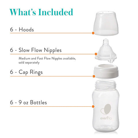 Evenflo Feeding Premium Proflo Venting Balance Plus Wide Neck Baby, Newborn and Infant Bottles - Helps Reduce Colic - 9 Ounce (Pack of 6)
