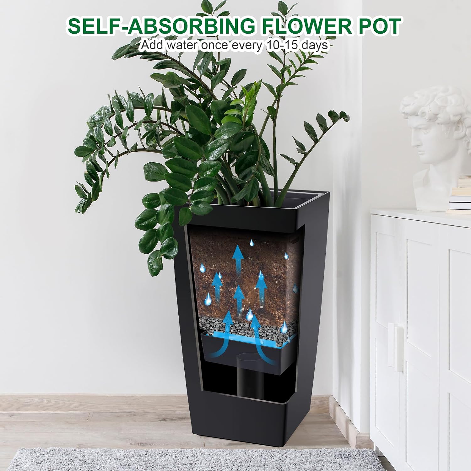 Garvee 30" Tall Planters Set of 2, Outdoor & Indoor Black Planter Pots, High Front Porch Planter Pots with Drainage Holes & Water Level Monitor & Inner Bucket, Black