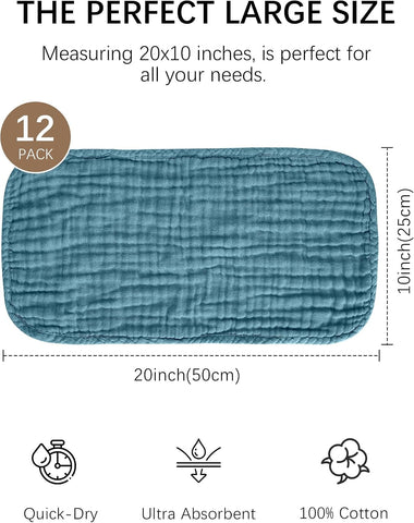 Lovely Care 12 Pack Muslin Burp Cloths 100% Cotton Muslin Cloths Large 20''x10'' Extra Soft and Absorbent Baby Burping Cloth - Rust and Teal Mix