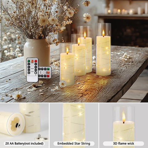 24 Pcs LED Flameless Candles with Remote, 3D Flickering Flame & LED String Lights, Acrylic Clear Cylinder, Timer Function, Romantic Ambience for Home Decor, Party, Wedding (Ivory).