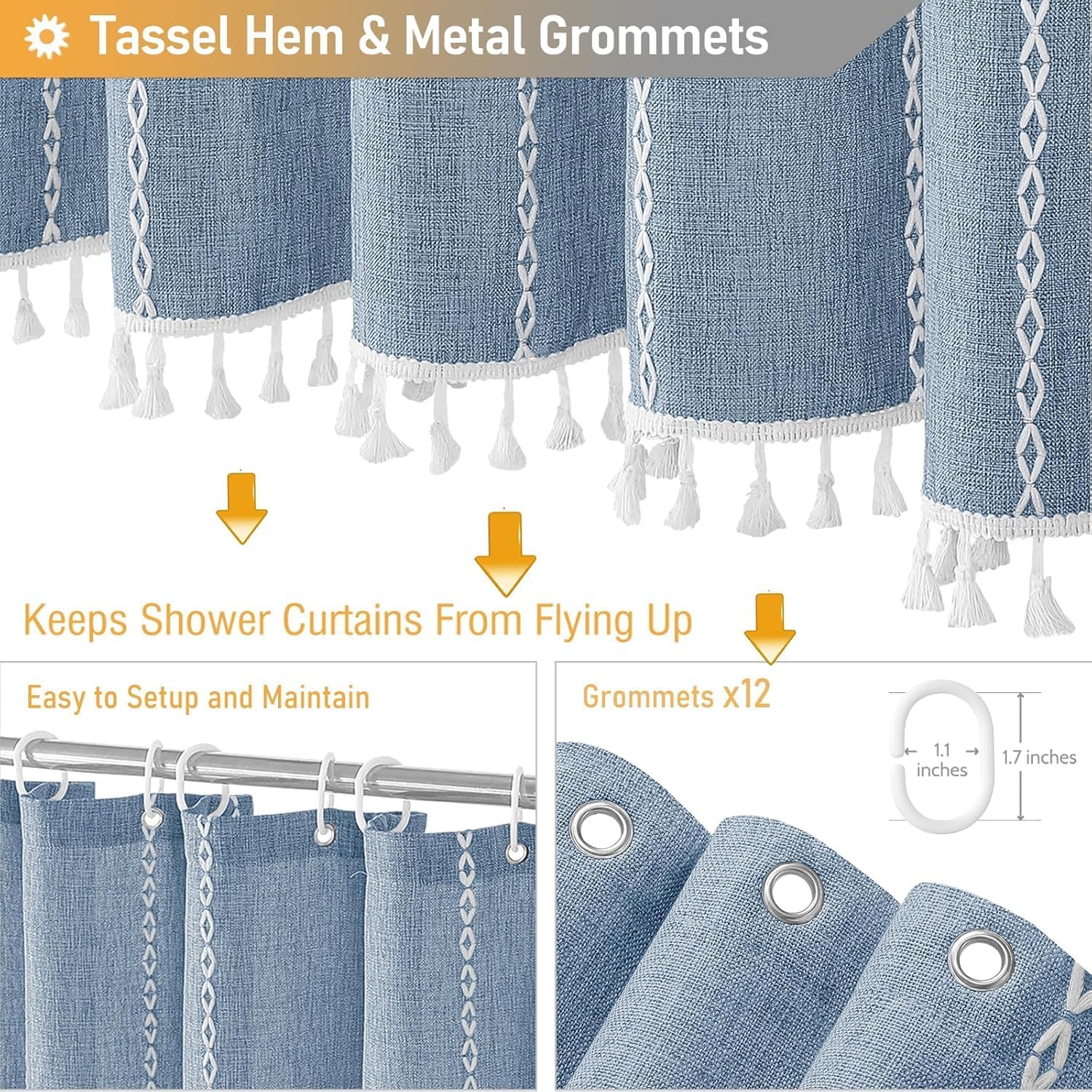 BTTN 72 x 80 Boho Farmhouse Linen Heavy Duty Cloth Shower Curtain Set, Blue