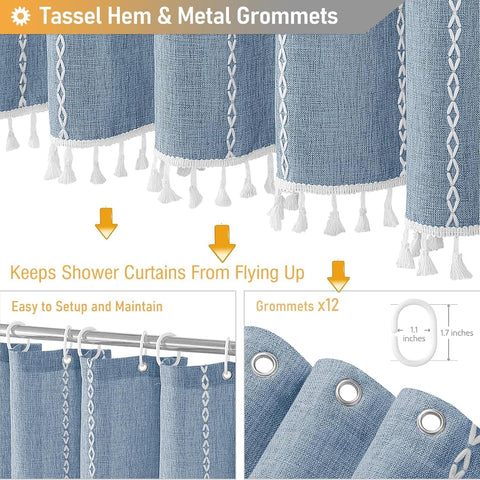 BTTN 72 x 80 Boho Farmhouse Linen Heavy Duty Cloth Shower Curtain Set, Blue