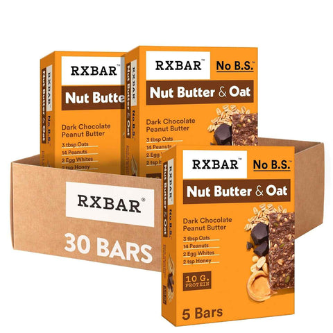 RXBAR Nut Butter and Oat Protein Bars, Protein Snacks, Snack Bars, Dark Chocolate Peanut Butter (6 Boxes, 30 Bars)