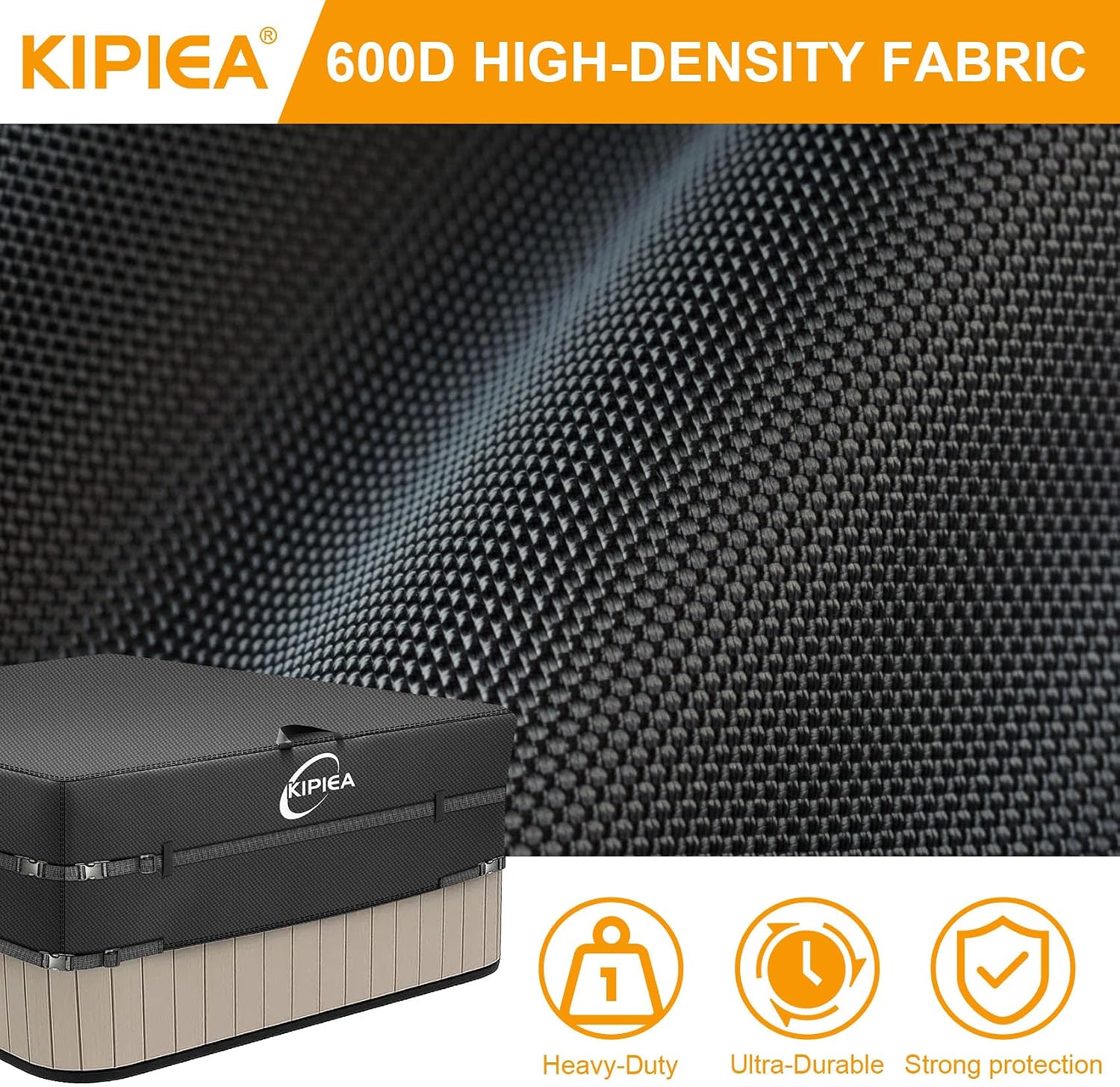 Kipiea 600D Outdoor Waterproof Square Hot Tub Cover Protector, Heavy Duty Polyester SPA Covers UV Protection Cover 88" L x 88" W x 20" H, Black
