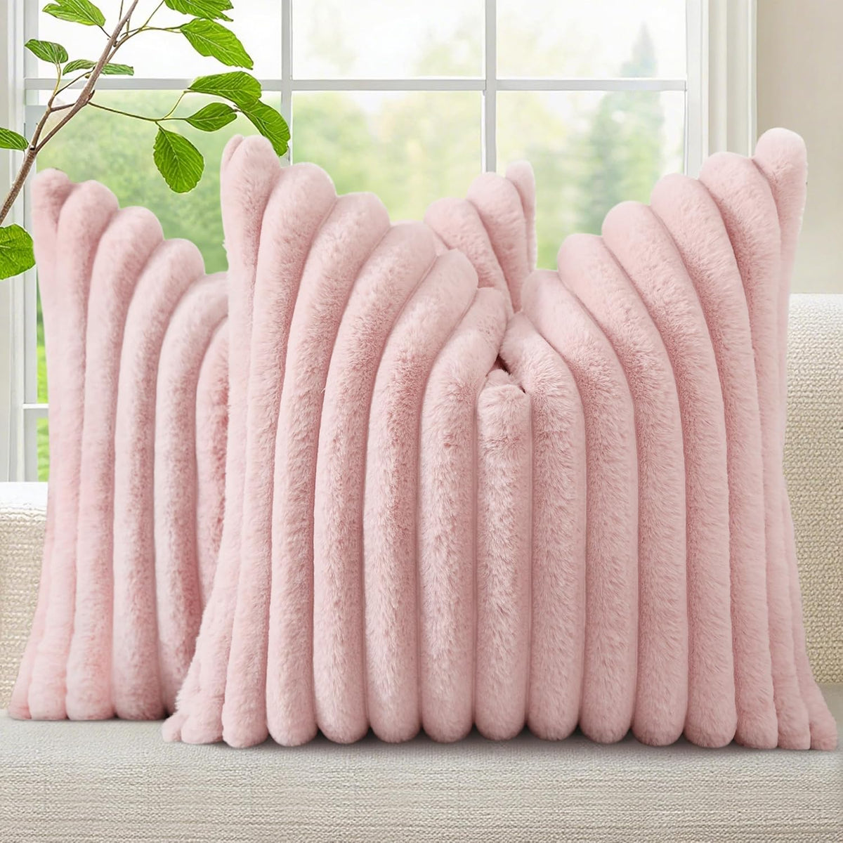 decorUhome Fall Faux Fur Throw Pillow Covers 16x16 Set of 2 Pink