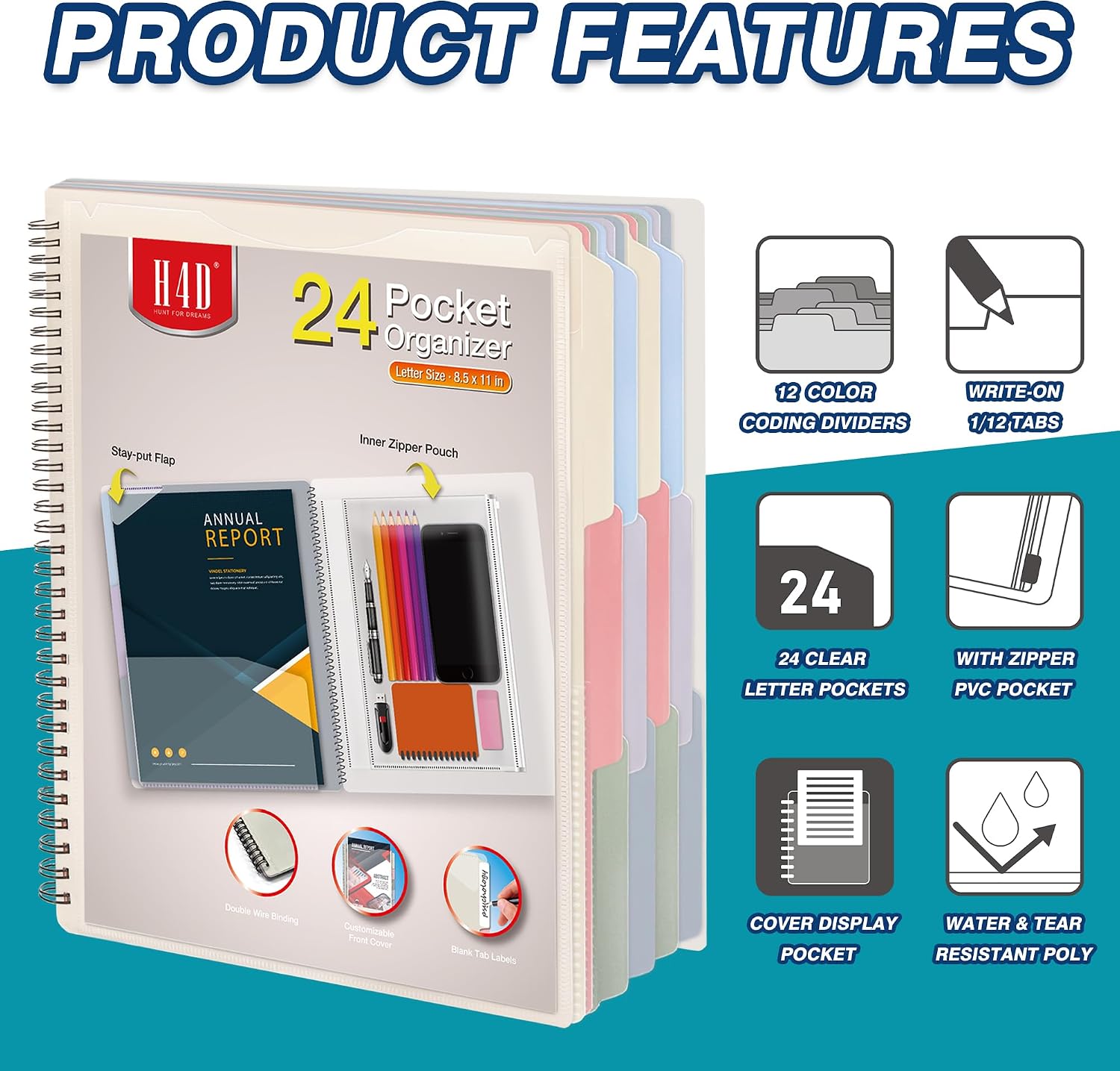 H4D 24 Pocket Poly Project Organizer, Multi Pocket Folder, Pastel Colors
