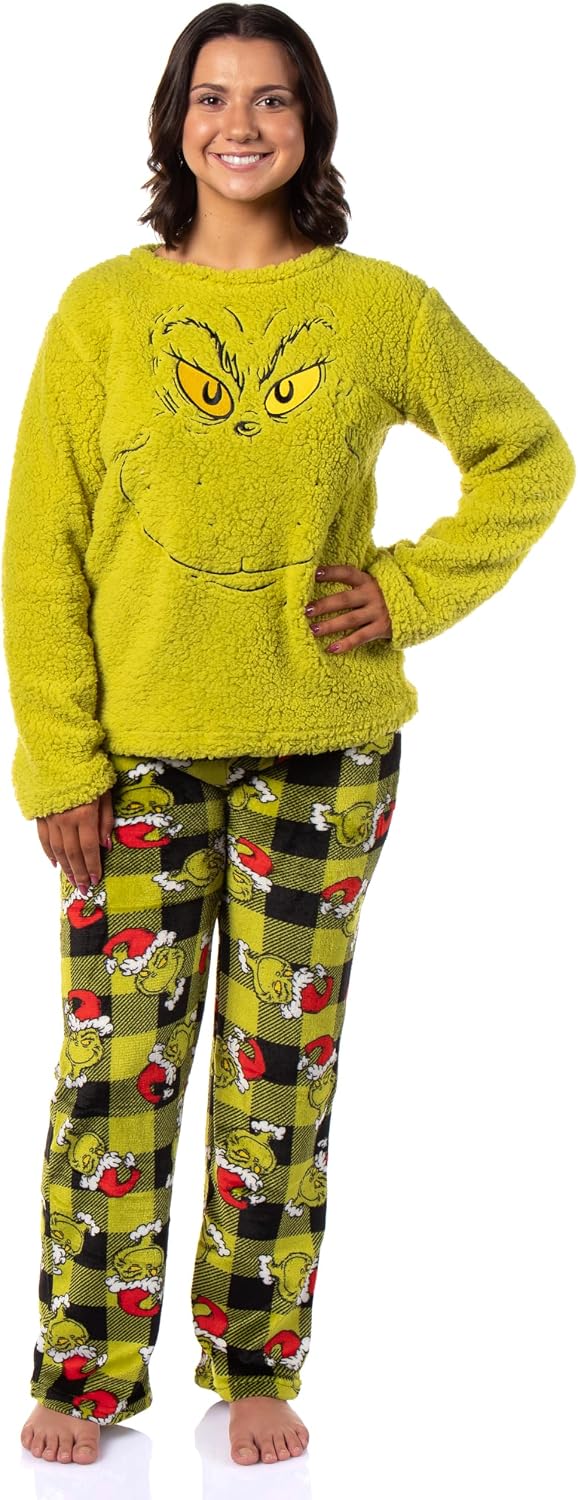 The Grinch Pajama Set Dr. Seuss Women's The Grinch Santa Fleece Buffalo Plaid Sleep Pajama 2 Piece Set Lounge