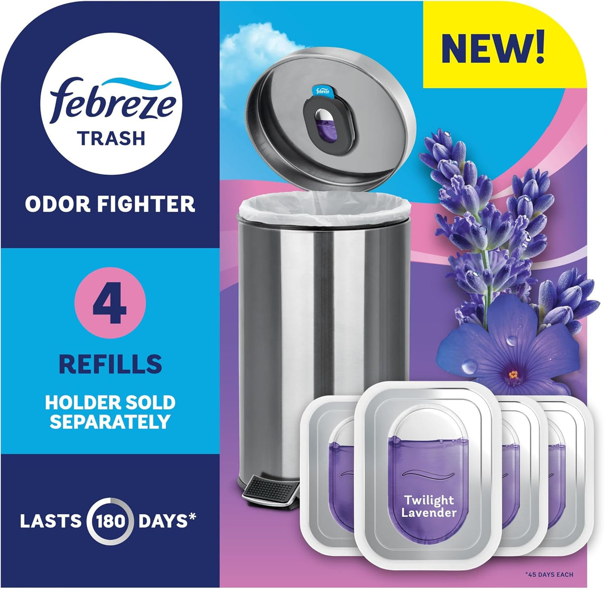 Febreze Trash Odor Fighter, Trash Can Air Freshener, Stick-On Deodorizer for Garbage Cans, Diaper Pails, Works with Scented Trash Bags, Twilight Lavender Scent, 4 Refills (Holder Sold Separately)