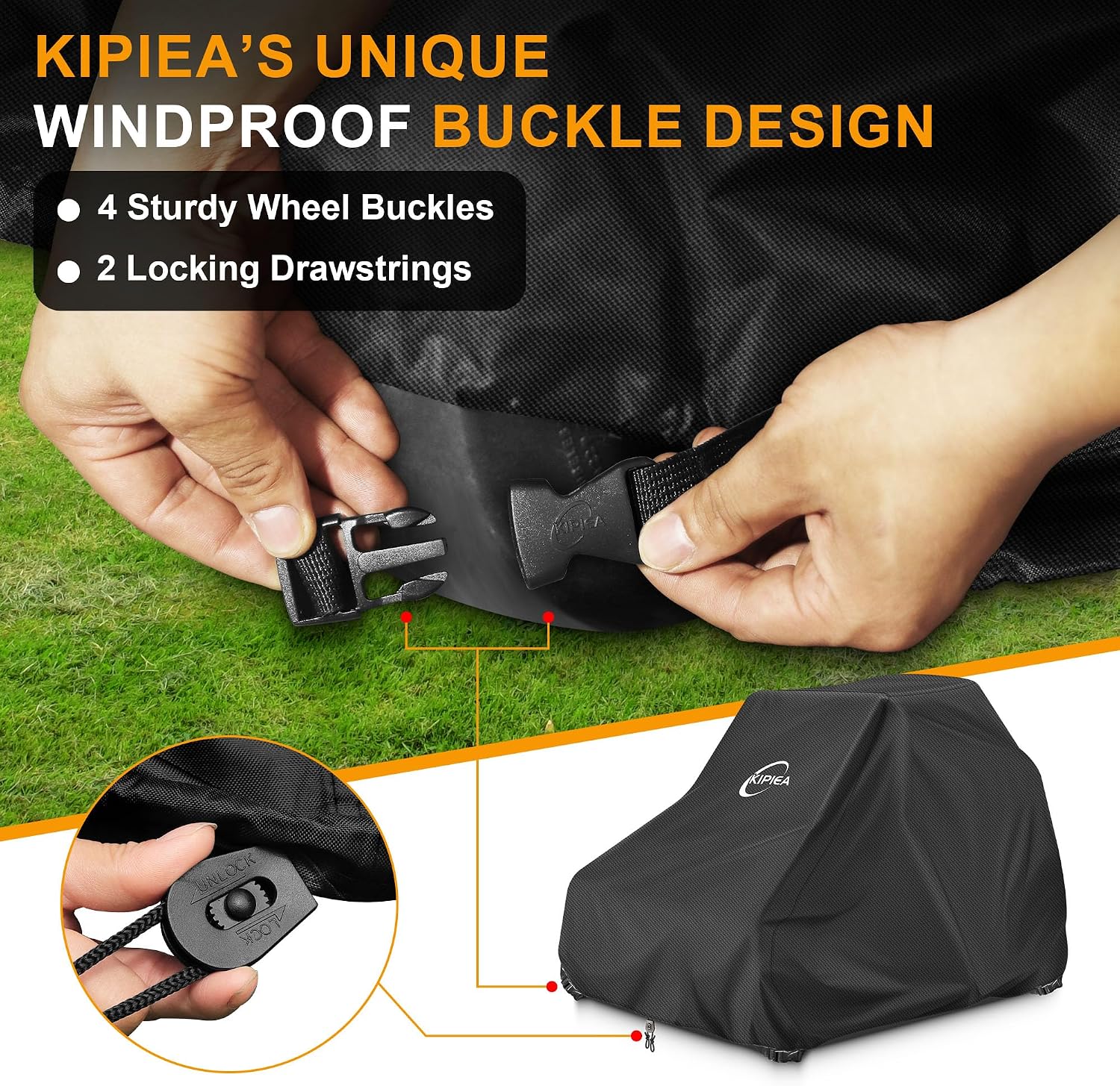 Kipiea Zero Turn Mower Cover- 600D Heavy Duty Outdoor Zero Turn Lawn Mower Cover Waterproof Universal Fit with 4 Buckles, 2 Drawstrings and Storage Bag
