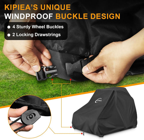 Kipiea Zero Turn Mower Cover- 600D Heavy Duty Outdoor Zero Turn Lawn Mower Cover Waterproof Universal Fit with 4 Buckles, 2 Drawstrings and Storage Bag
