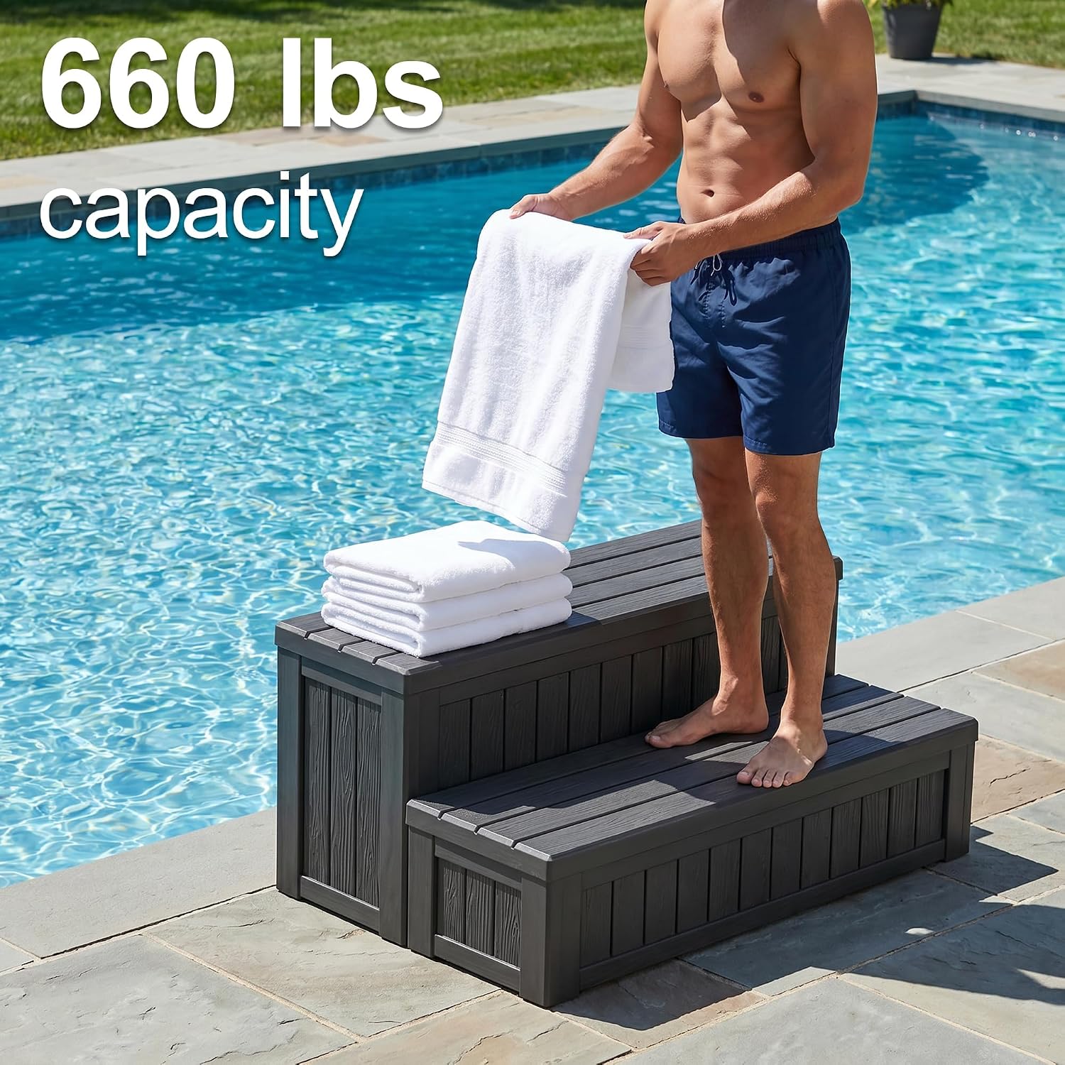 Plastic Hot Tub Steps with Storage, Spa Steps Outdoor Stairs, 36.6 Inches Long - Non-Slip All Weather Top & Feet, 32 Gallon Capacity, Waterproof for Porch/RV/Deck, Sturdy Plastic Frame, Black