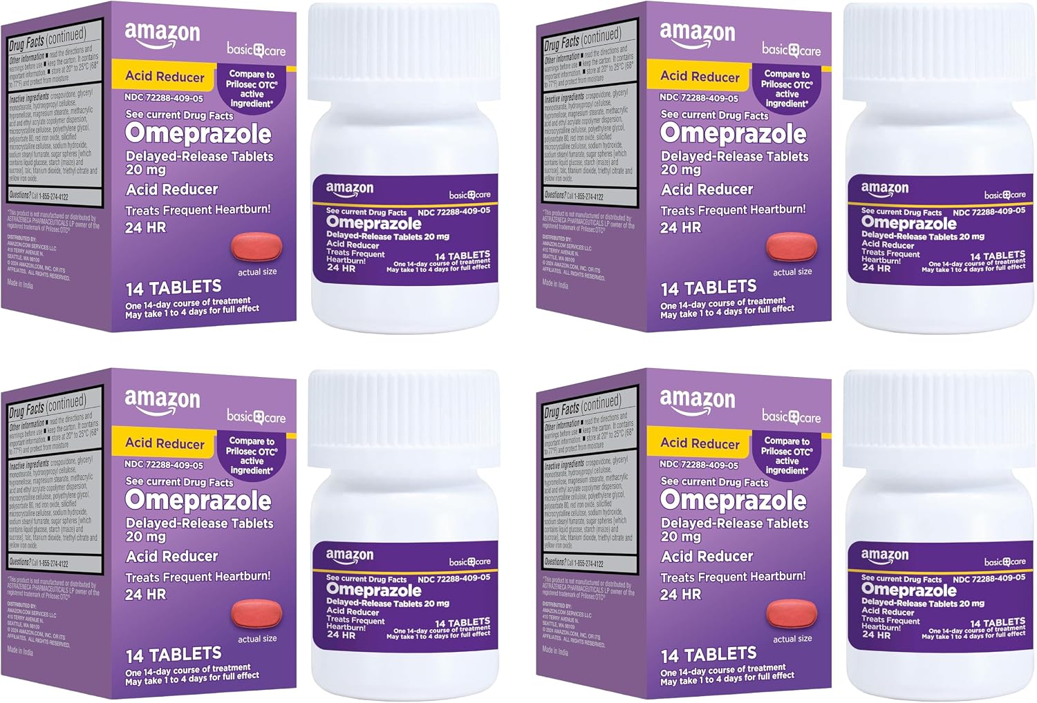 Amazon Basic Care Omeprazole Delayed Release Tablets 20 mg,Acid Reducer,(Packaging May Vary),14 Count (Pack of 4)