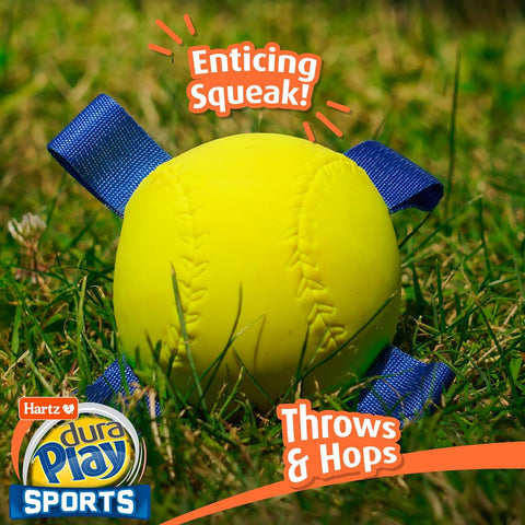 Hartz Dura Play Sports Baseball Dog Toy, Bacon Scented Squeaky Latex Yellow & Blue Toy, 3 Count