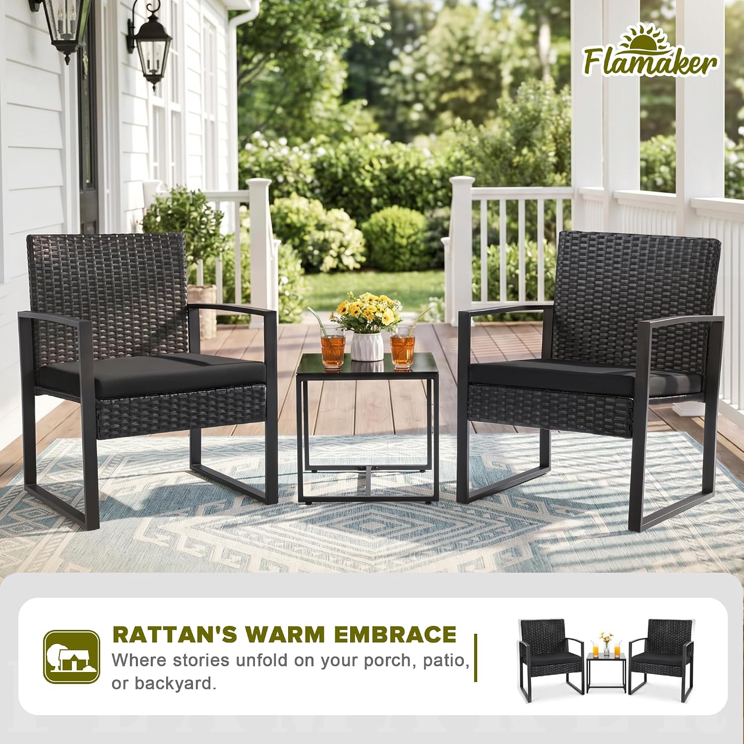 Flamaker 3 Pieces Patio Furniture Set Outdoor Wicker Bistro Chair (Black)