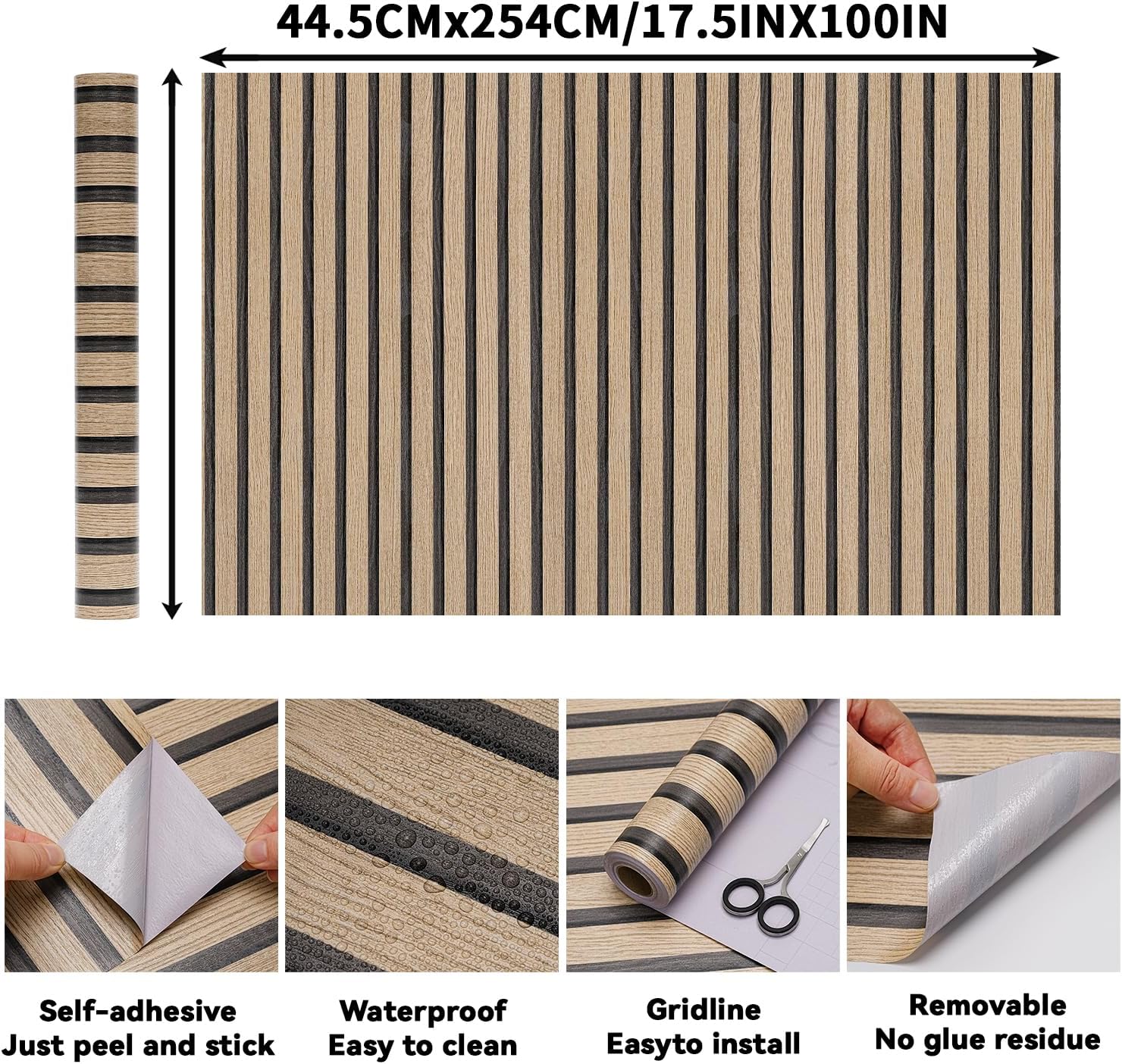 Brown Wood Slat Peel and Stick Wallpaper - 17.5"x100" Textured Faux Wood Self-Adhesive, Waterproof Removable Wall Panel for Bedroom, Kitchen, Office - Easy Install