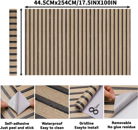 Brown Wood Slat Peel and Stick Wallpaper - 17.5"x100" Textured Faux Wood Self-Adhesive, Waterproof Removable Wall Panel for Bedroom, Kitchen, Office - Easy Install