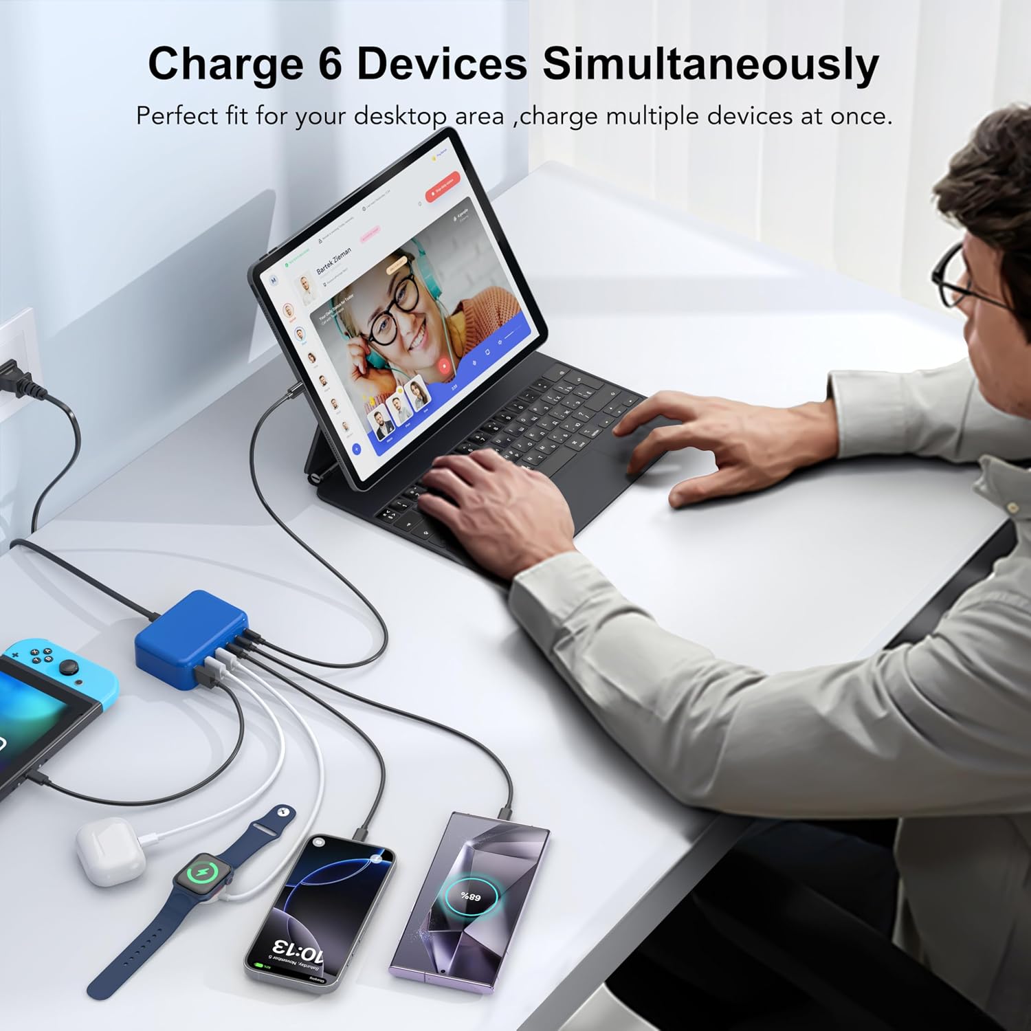 USB C Charger Block, GaN Fast USB Charging Station Hub with 100W Max 6-Port
