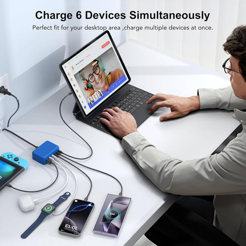 USB C Charger Block, GaN Fast USB Charging Station Hub with 100W Max 6-Port