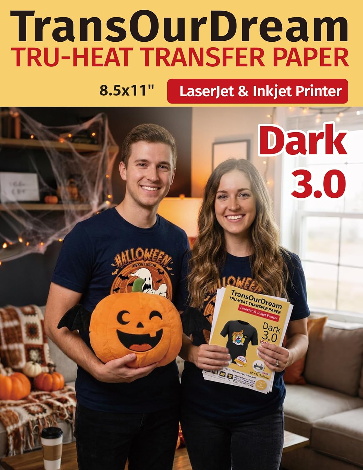 TransOurDream Iron on Heat Transfer Paper for Dark T Shirts (10 Sheets 8.5x11", Dark 3.0) Printable HTV Vinyl for Inkjet & LaserJet Printer, Transfers Paper for Dark Fabric