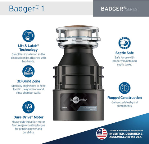 InSinkErator Badger 1 Garbage Disposal, Badger Series 1/3 HP Continuous Feed Food Waste Disposer