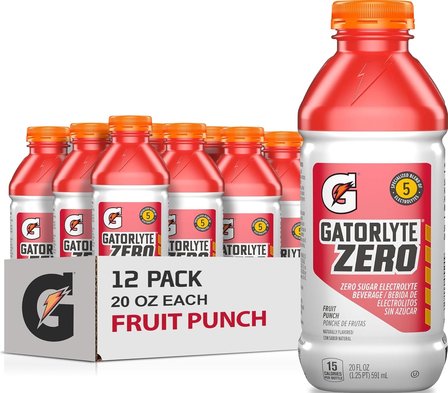 Gatorlyte Zero Electrolyte Beverage, Strawberry Kiwi, Zero Sugar Hydration, Specialized Blend of 5 Electrolytes, No Artificial Sweeteners or Flavors, 20 Oz Bottles (Pack of 12)