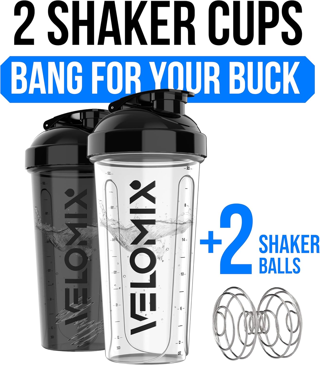 VELOMIX 2 Pack 28oz Protein Shaker Bottle for Protein Mixes, Black/Transpar