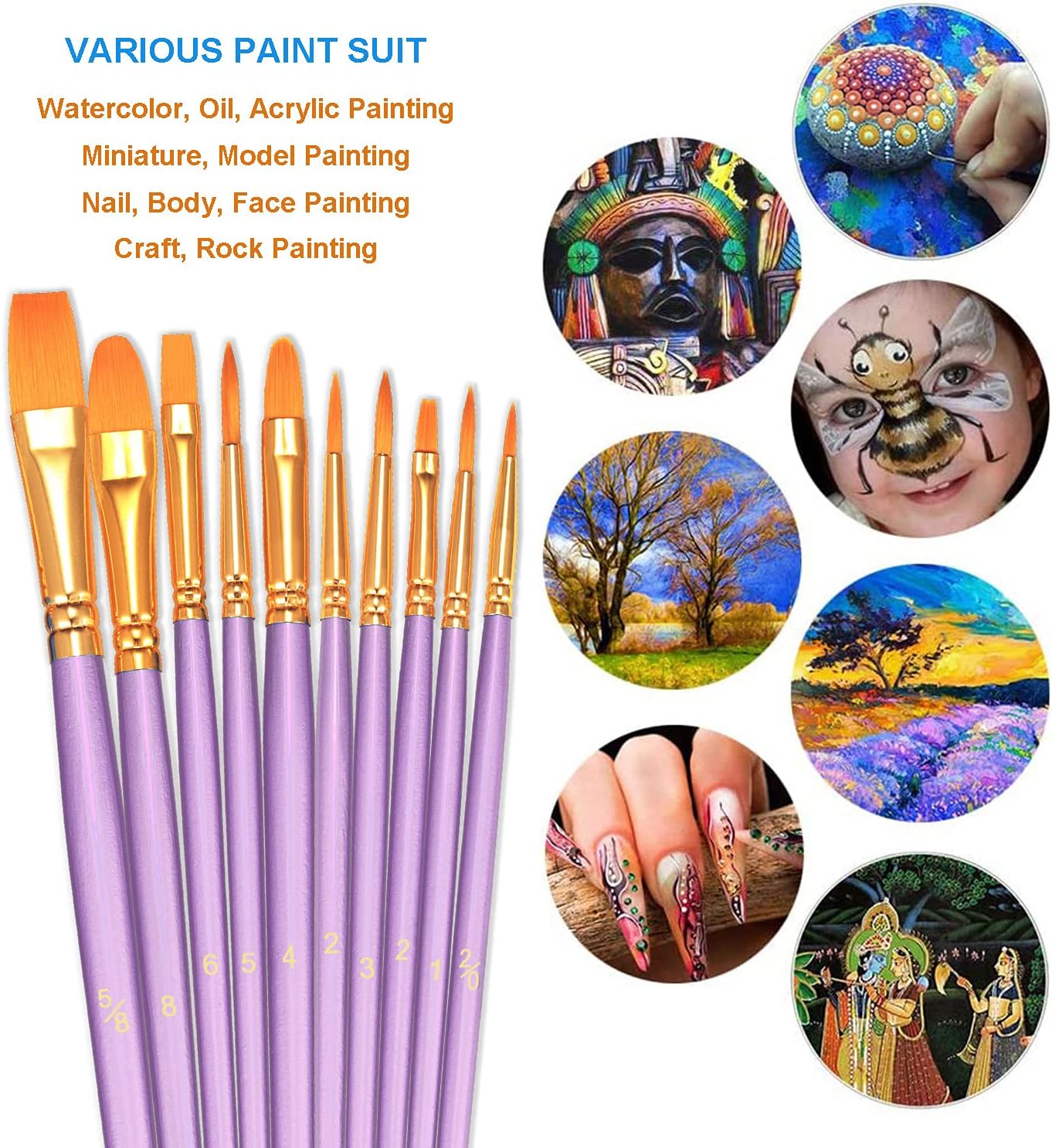 BOSOBO Paint Brushes Set, 20 Pcs Small Paint Brush Kit Round Flat Tip Nylon Hair, for Acrylic Painting, Watercolor, Oil Painting, Kids Face Nail Art Canvas Rock Craft, Art Supplies, Purple