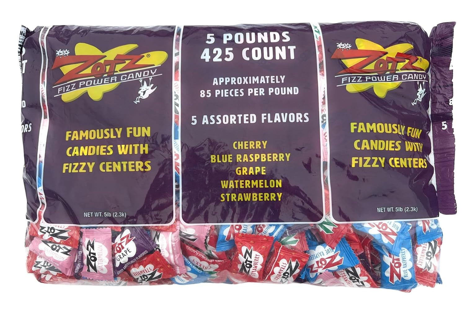 ZOTZ Fizzy Sour Candy Bulk - Retro Italian Hard Candy Individually Wrapped - Classic Nostalgic 7 Assorted Flavors Cherry, Watermelon, Strawberry, Blue Raspberry, Apple, Orange & Grape - 425 Pieces Bag for Party Favors, Goodie Bags, Piñata & Candy Buffet