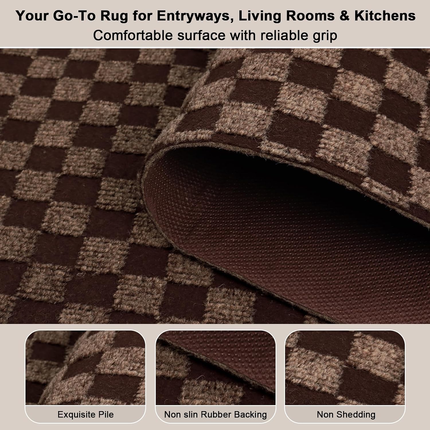 Runner Rug 2' x 6' Outdoor/Indoor, Rug with Natural Rubber Backing Non Slip for Hallway, Kitchen, Patio, Laundry, RV, Entryway, Garage, Bathroom, Area Rug Carpet, Brown Checkered, Custom Size