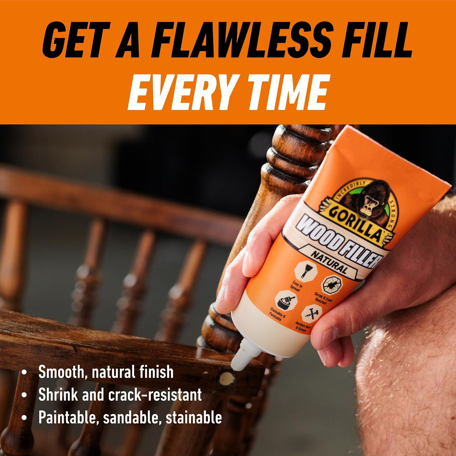 Gorilla All Purpose Wood Filler, Natural Color, 6 oz Tube