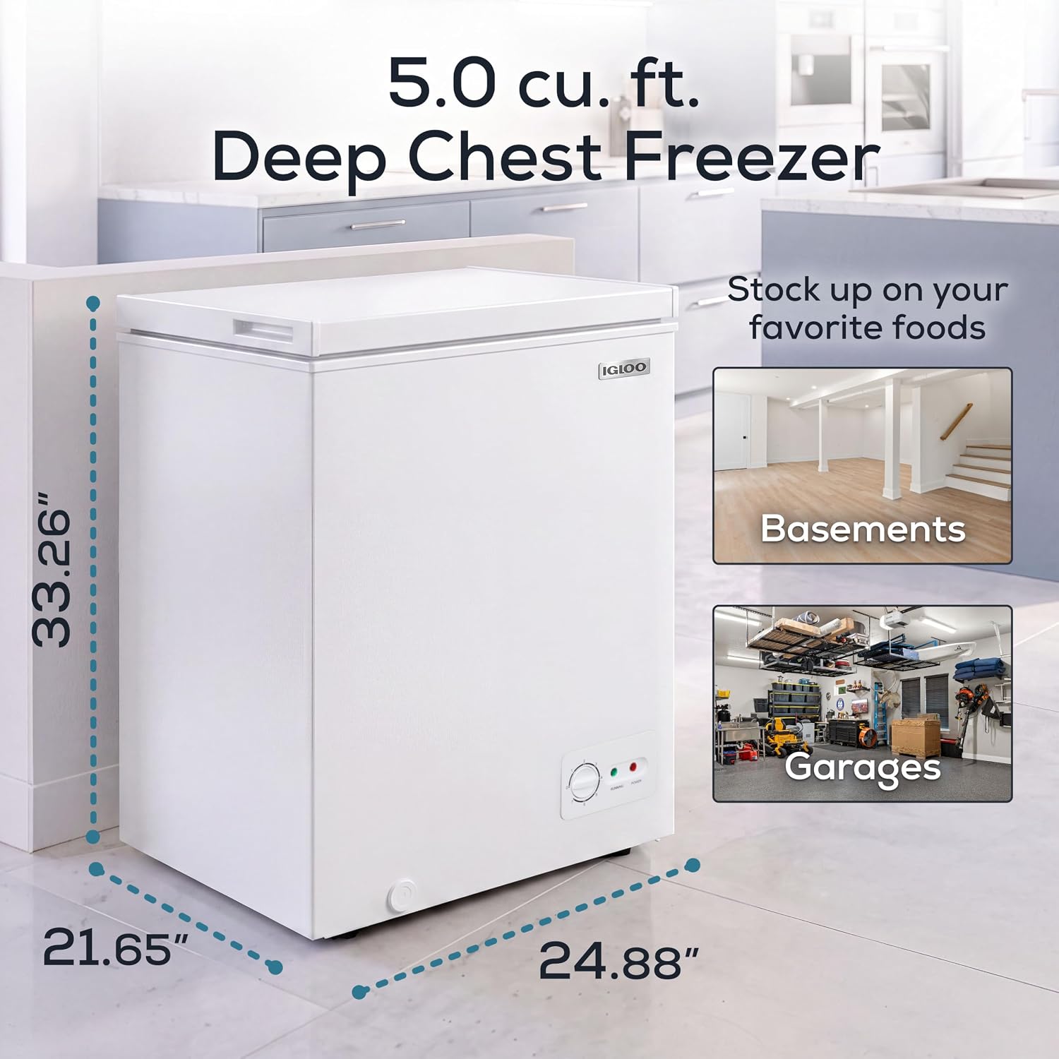 Igloo 5.0 Cu Ft Upright Deep Freezer Chest- Deep Freezer with Quick Freezing System & Adjustable Thermostat - Low Noise Freezer with Removable Basket & LED Lights for Homes, Garages & Basements- White