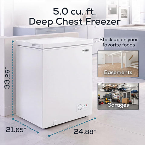 Igloo 5.0 Cu Ft Upright Deep Freezer Chest- Deep Freezer with Quick Freezing System & Adjustable Thermostat - Low Noise Freezer with Removable Basket & LED Lights for Homes, Garages & Basements- White