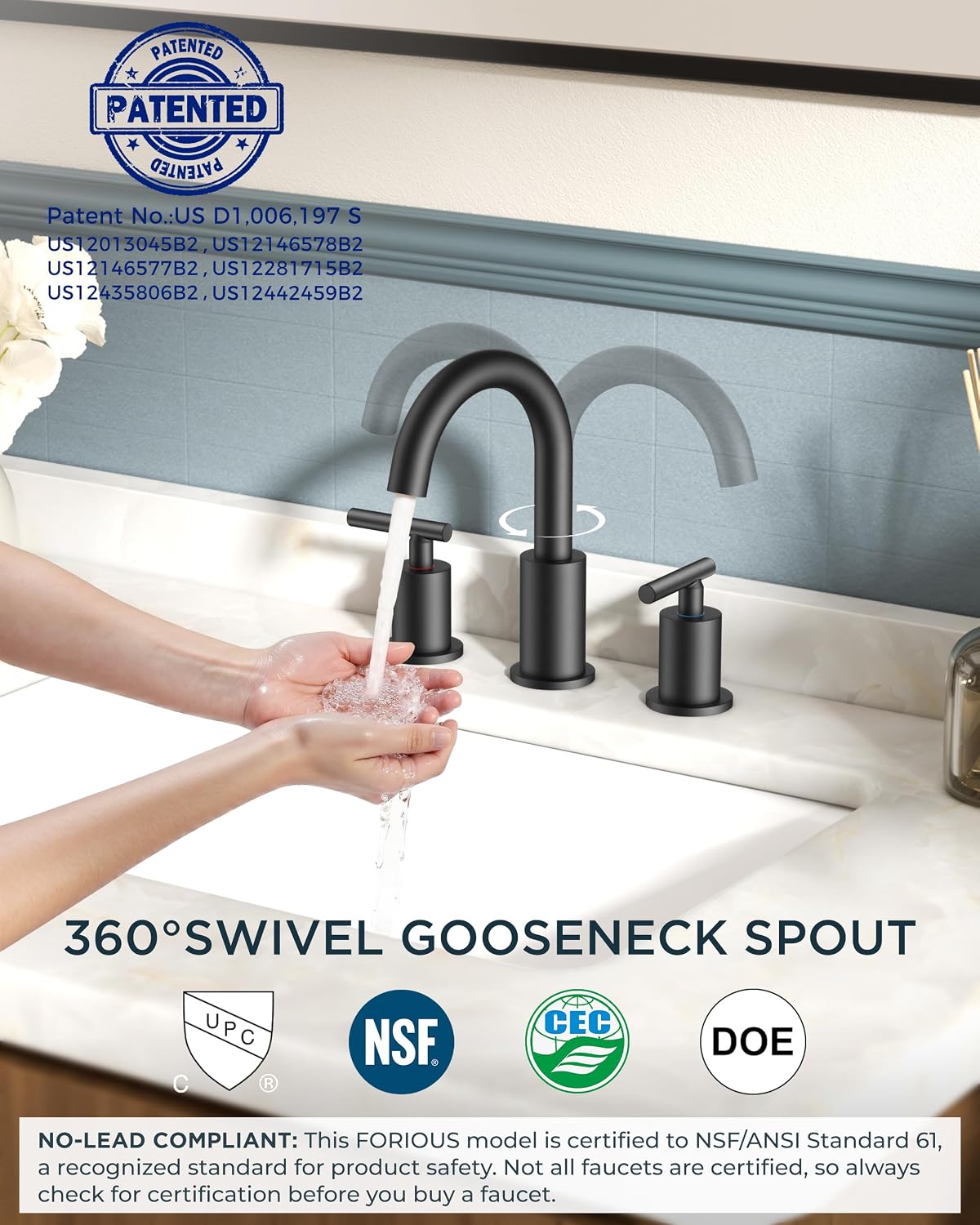FORIOUS Widespread Black Bathroom Faucet 3 Hole, Matte Black Vanity Faucet