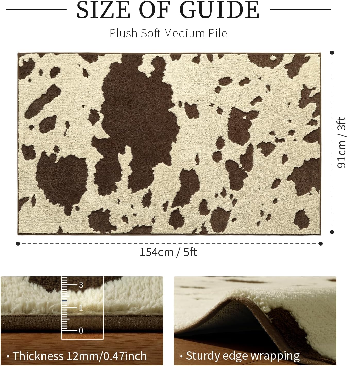 YIHOUSE Cowhide Entryway Rugs 3x5 Ft, Washable Plush Soft Brown and Cream Cow Rug, Non-Slip High-Low Pile Animal Small Area Carpet for Bedside, Living Room, Door Entrance, Home Decor