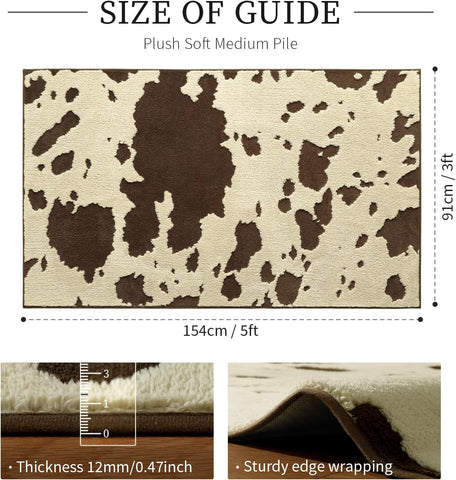 YIHOUSE Cowhide Entryway Rugs 3x5 Ft, Washable Plush Soft Brown and Cream Cow Rug, Non-Slip High-Low Pile Animal Small Area Carpet for Bedside, Living Room, Door Entrance, Home Decor