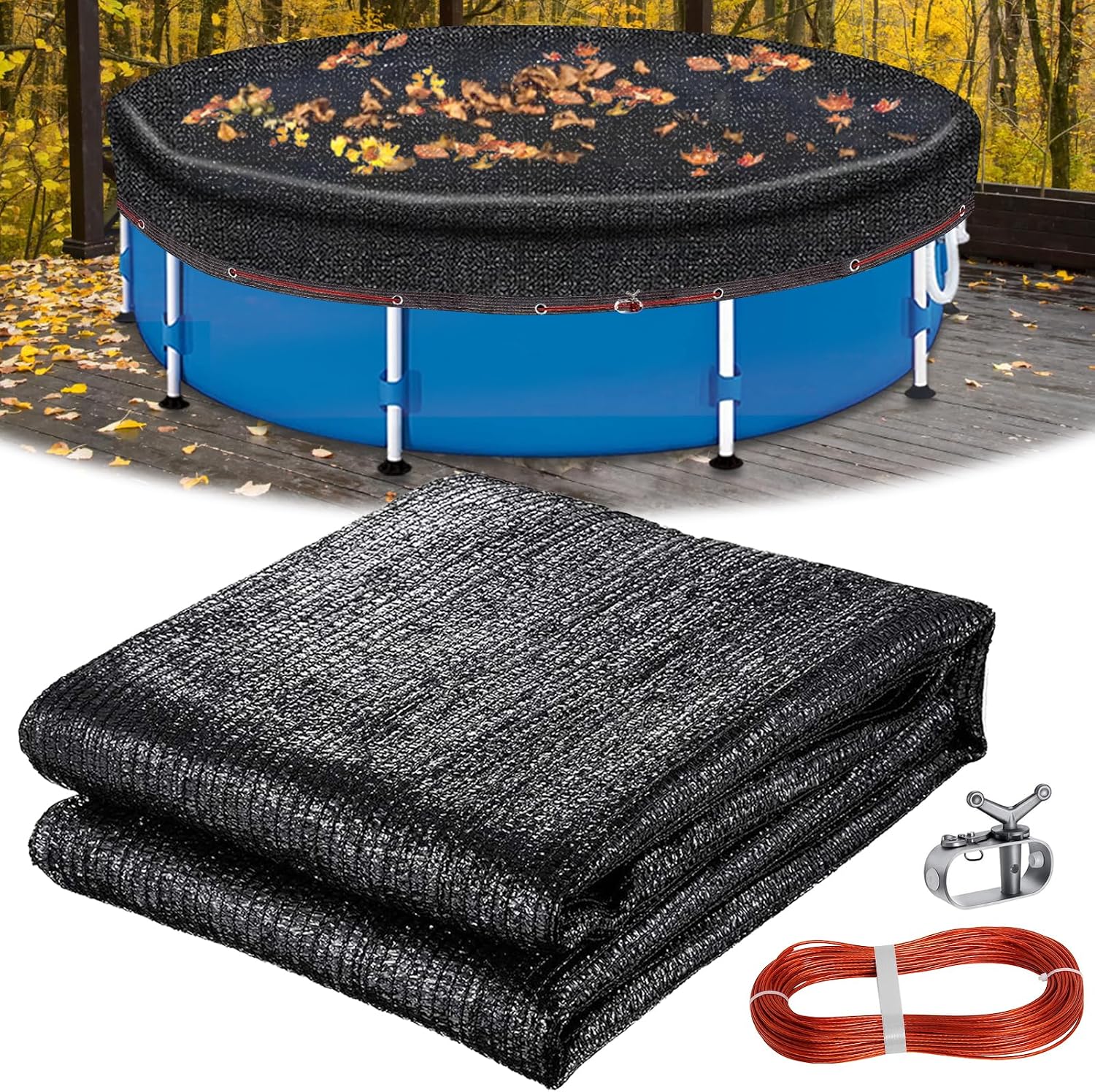 Pool Leaf Net Cover 24 ft Round, Fine Mesh Leaf Net for Above Ground Pool, Winter Pool Cover 24 ft Round Above Ground, with Winch & Cable, Cover Size: 27-Feet Dia (Includes 3-feet Overlap)
