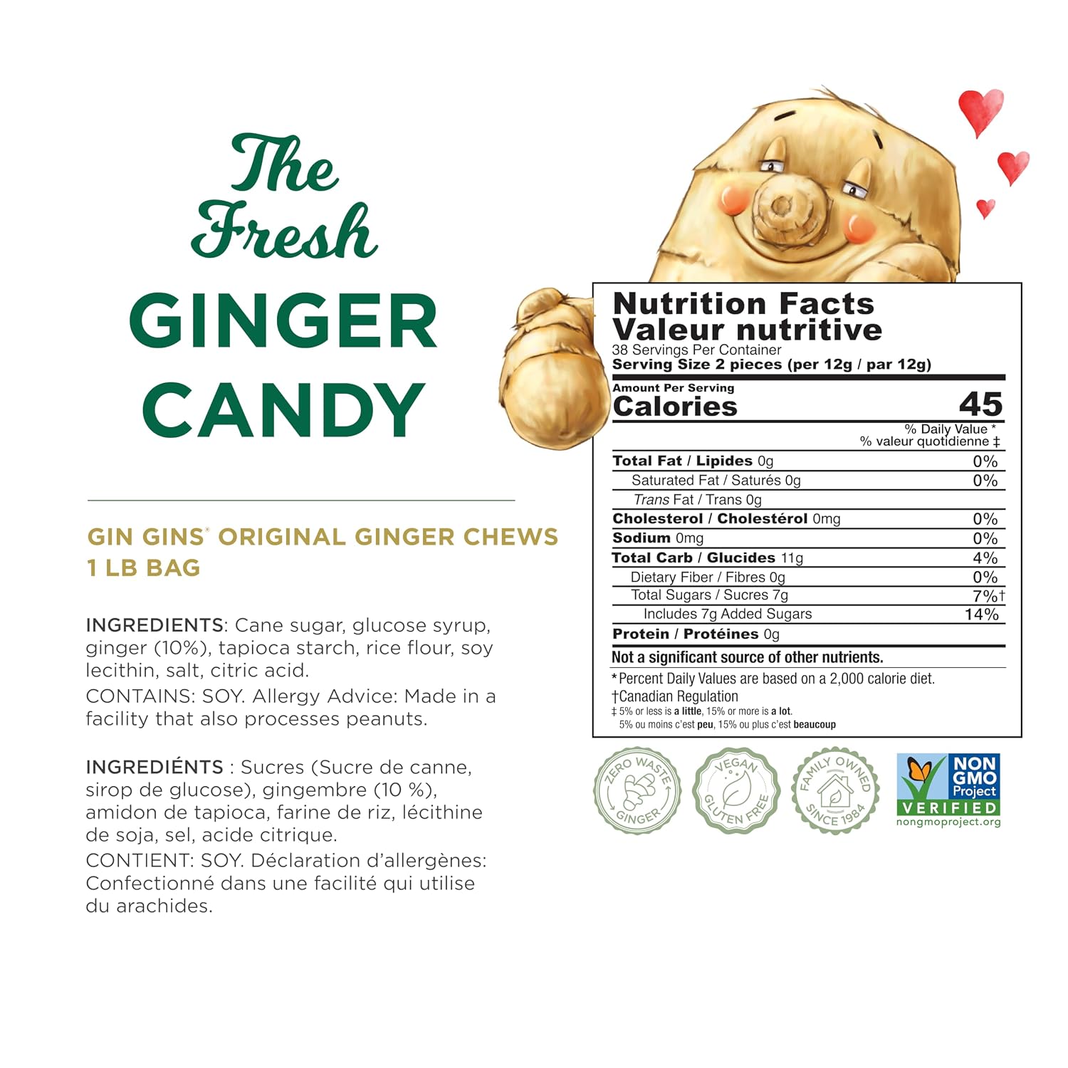 GIN GINS Original Ginger Chews Made w/Fresh Ginger 1lb 1Pk