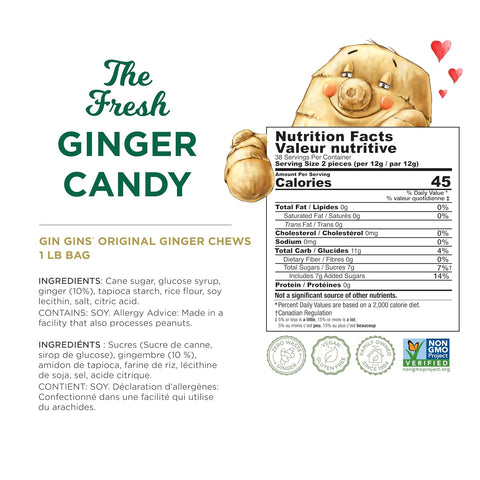 GIN GINS Original Ginger Chews Made w/Fresh Ginger 1lb 1Pk
