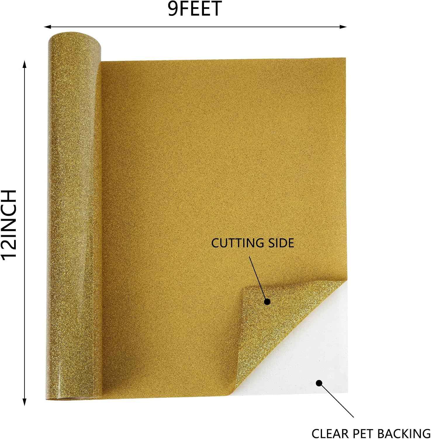 HTVVETUR Glitter HTV Vinyl Rolls Heat Transfer Vinyl - 12" x 9ft Glitter Gold HTV Vinyl for Shirts, Iron on Vinyl for Cameo - Easy to Cut & Weed for Heat Vinyl Design (J006 Glitter Golden-9ft)