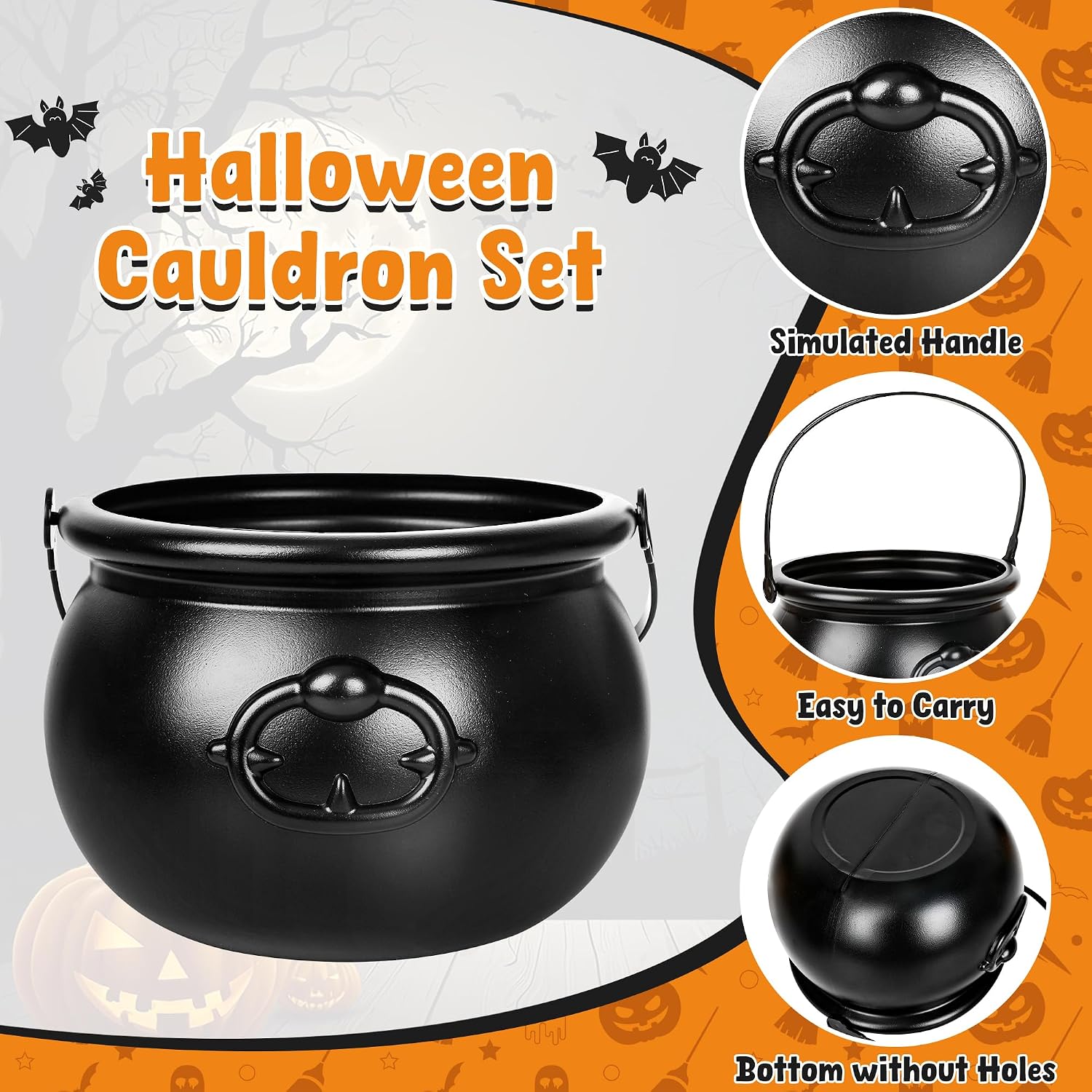 3 PCS Halloween Cauldron, Black Plastic Witch Cauldron Pots for Party Decor