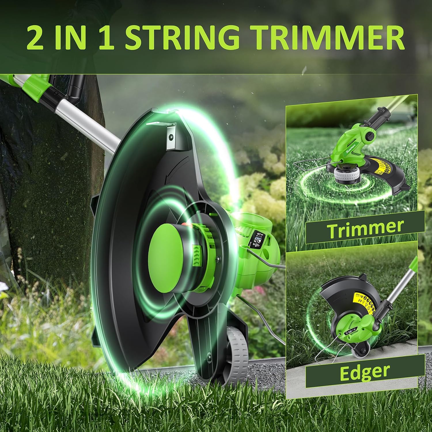 20V Electric Weed Wacker Edger Lawn Tool, Battery Powered Weed Eater 12-Inch Cordless String Trimmer Grass Trimmer Lightweight Yard Tools for Garden, Lawn Mower Cutter 2.0Ah Battery and Charger Green